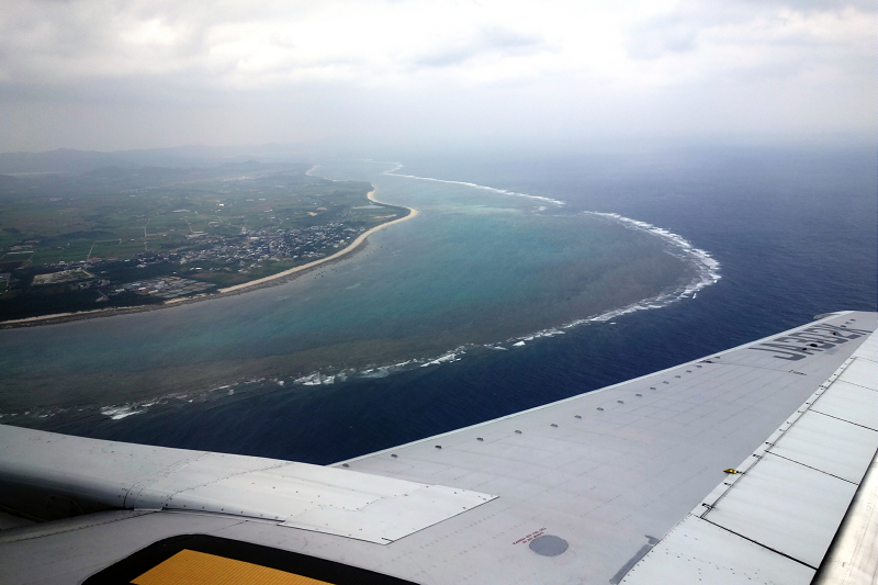 着陸前の飛行機から見える、石垣島のサンゴ礁